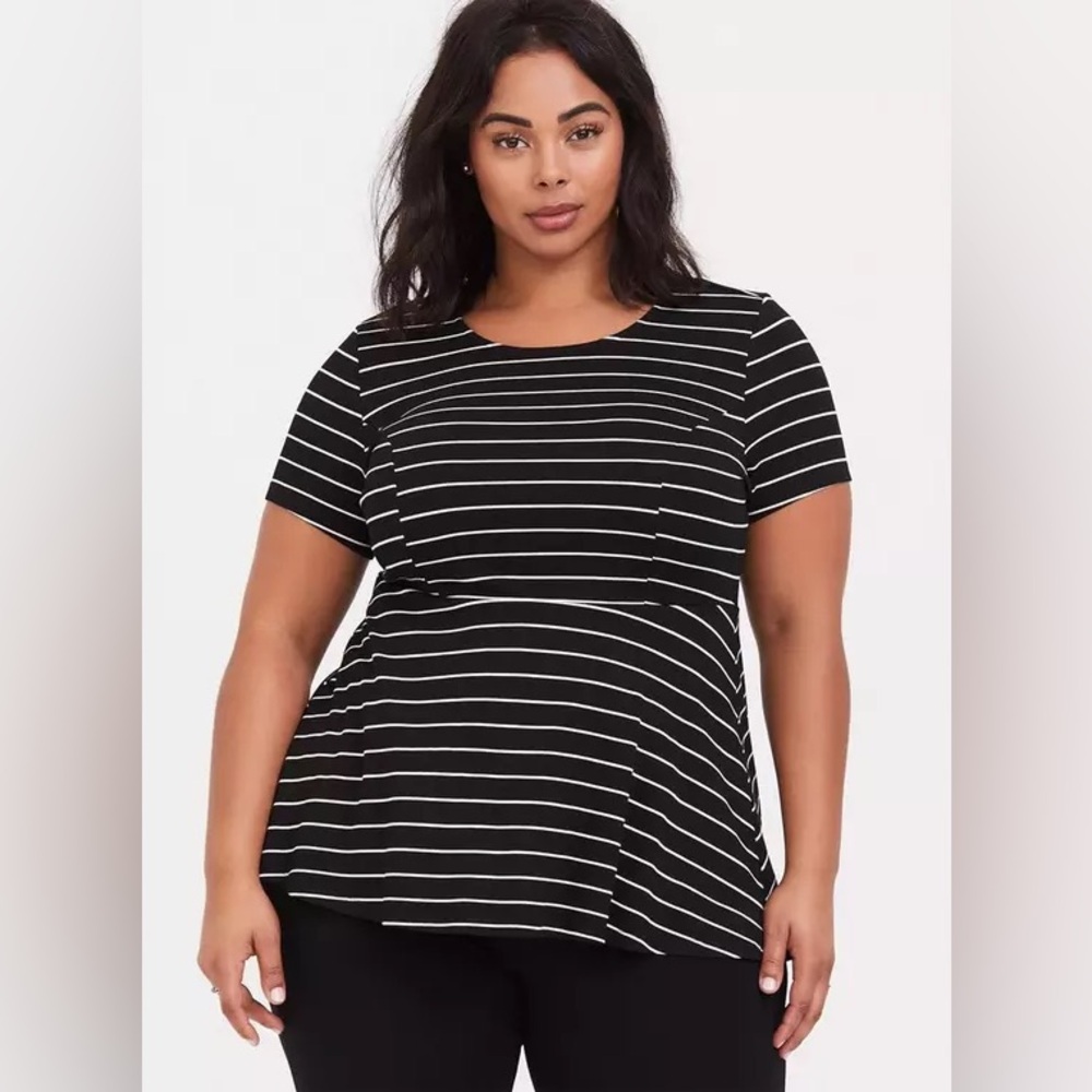 Torrid Black and White Stripe Peplum Ponte Crew‎ Neck Top